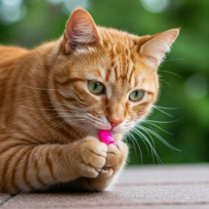 Green-eyed tabby cat intensely focused on a pink nail cap for cats while resting outdoors…