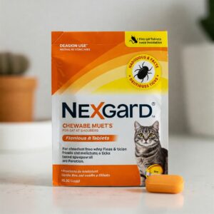 NexGard for cats packaging with an orange design, featuring a tablet and a tabby cat image