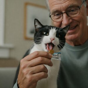 Smiling man giving NexGard for cats chewable tablet to his happy black-and-white cat