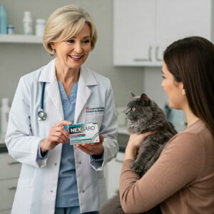 Veterinarian recommending NexGard for cats to a pet owner holding her fluffy cat
