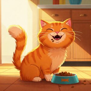 Cheerful orange tabby cat eating Stella and Chewy’s food in a sunlit kitchen corner.