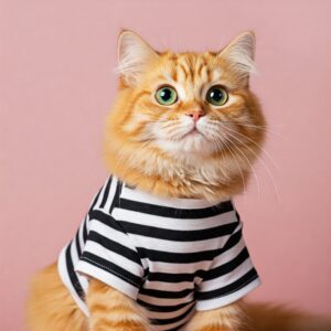 A playful cartoon cat holding a bright floral shirt on a yellow background, capturing a whimsical cat on a shirt theme.