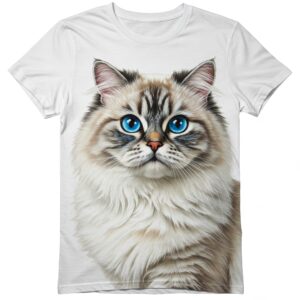 Adorable fluffy white kitten with blue eyes featured on a soft pink T-shirt.