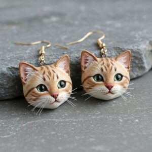 Handmade cat earrings featuring lifelike orange tabby faces crafted from polymer clay with green eyes and fine details… 