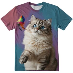 Photorealistic Ragdoll cat with blue eyes playing with a feather toy on a colorful gradient T-shirt.