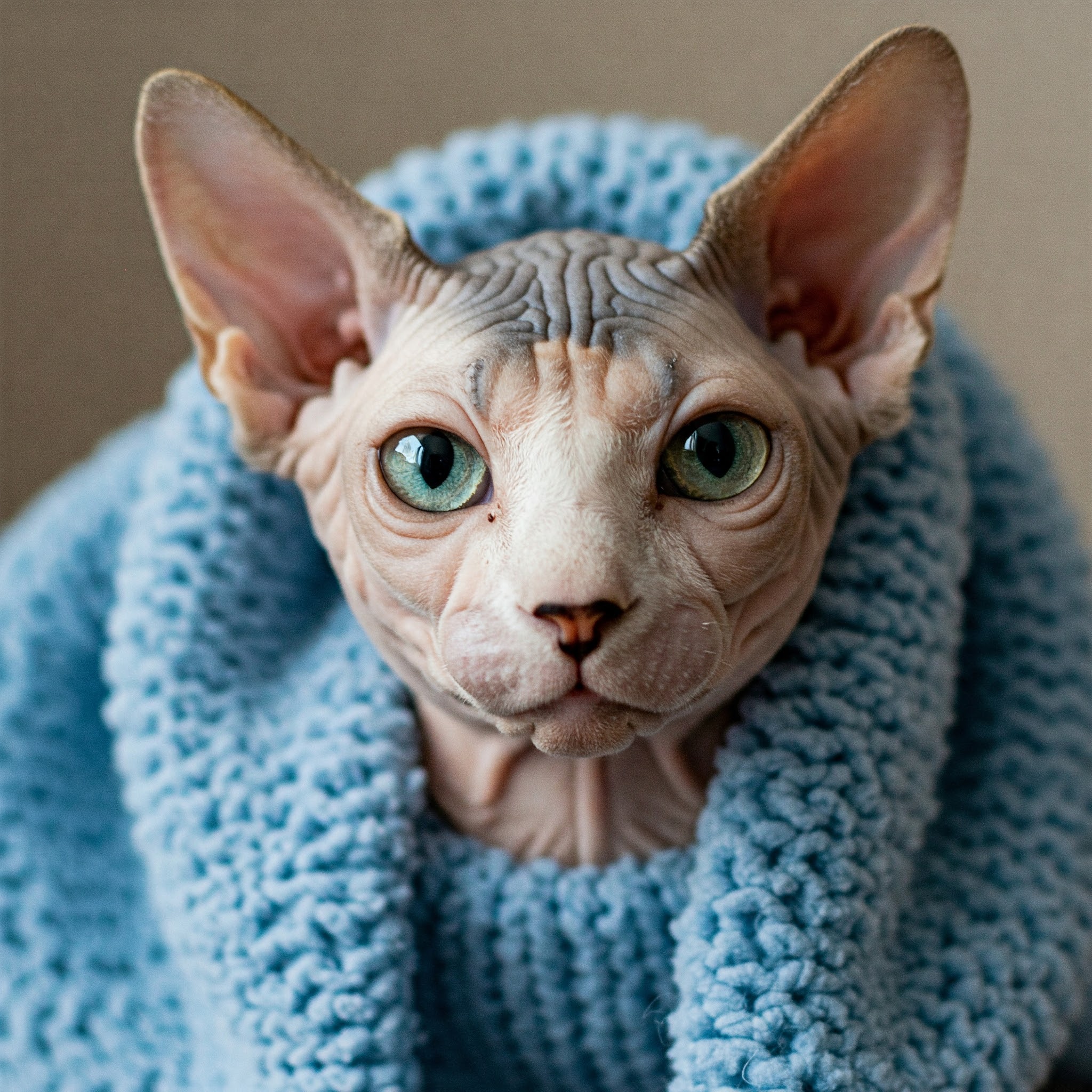 A hairless Sphynx cat wearing a cozy blue knit sweater, looking directly at the camera. sphynx cat clothes