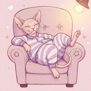 A sweet illustration of a Sphynx cat relaxing in comfortable pajamas.