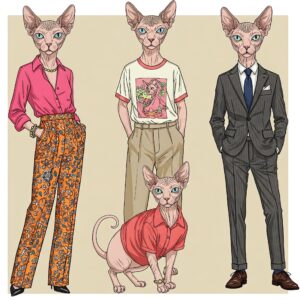 Fashion-forward illustration showcasing a Sphynx cat in various trendy clothing items.
