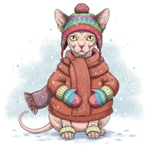 Illustration of a Sphynx cat bundled up in a warm winter outfit with a hat and scarf.