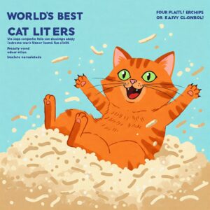Cartoon orange cat happily splashing in world’s best cat litter with playful text and a blue background.