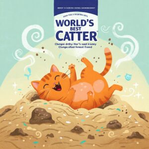 Adorable orange cat giggling in a magical swirl of world’s best cat litter with creative packaging.