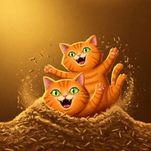 Two happy orange cats playing joyfully in a pile of world’s best cat litter with golden tones and flying pellets.