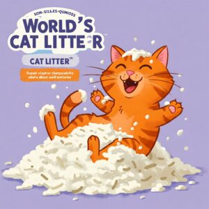 Orange cat excitedly playing in fluffy world’s best cat litter with a purple background and product branding.