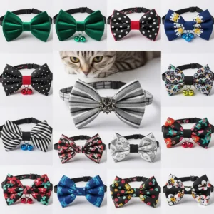 Collection of various cat bow tie designs, highlighting different colors, patterns, and materials suitable for any feline fashion statement.