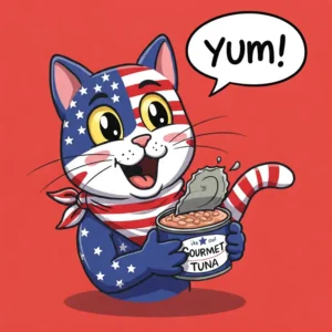 A cute cartoon cat stylized with the American flag, happily holding an open can labeled "Gourmet Tuna" and saying "Yum!" in a speech bubble.
