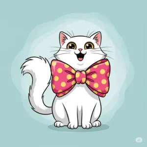 Whimsical cartoon illustration of a happy cat wearing a large, polka-dotted cat bow tie, showcasing unique pet accessories.