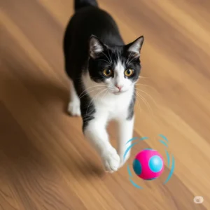  An energetic cat actively pushing and chasing a cat wobbler, demonstrating how the toy provides healthy exercise.