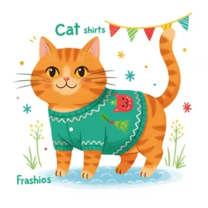 Whimsical illustration of a cat in a festive holiday shirt, showing how shirts for cats can be fun accessories for special occasions.