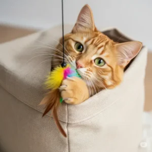 A happy ginger cat peering out of a crinkly fabric box, playing with a dangling cat toy inside, showcasing the best cat in a box cat toy.