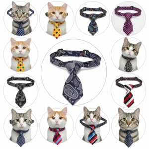 Collection of various colorful and patterned neckties designed specifically for cats, showcasing style options.