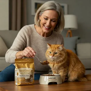Cat owner happily feeding their pet nutritious solid gold cat food.