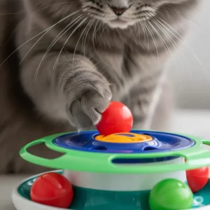 Close-up view of a cat's paw gently tapping the ball on a cat spinner, highlighting the toy's interactive design.