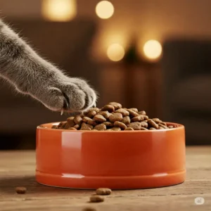 A cat's paw reaching eagerly for a bowl filled with Special Kitty food.