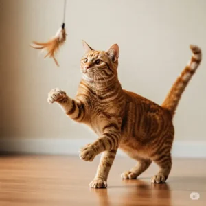 Energetic cat mid-pounce while playing with a dangling cat lure.