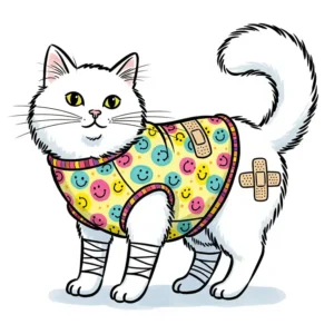 Drawing of a cat in a post-surgery recovery shirt, highlighting how shirts for cats can aid healing and prevent interference with wounds.