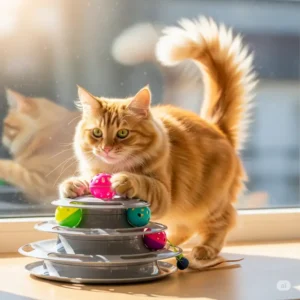 A happy cat playfully interacting with a multi-level cat roller toy, batting at the spinning balls with its paws. This cat roller provides hours of entertainment for energetic felines.