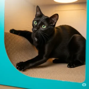 A sleek black cat engaging with a corrugated scratching surface within a box-shaped cat toy, highlighting the dual purpose of a cat in a box cat toy.