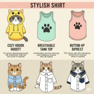 Infographic displaying various types of shirts for cats, including hoodies, tank tops, and button-ups, illustrating style options.