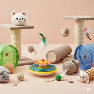 A cat spinner toy placed among other feline enrichment toys, suggesting a stimulating play environment for cats.