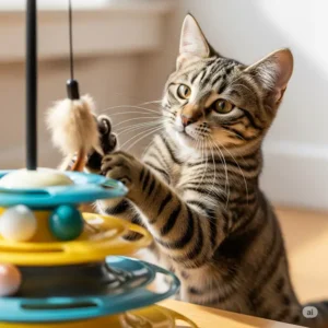 A curious tabby cat batting playfully at a multi-level cat spinner toy, showing its engagement and enjoyment.