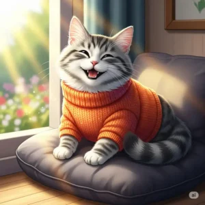  Illustration of a happy cat in a cozy knitted sweater, showcasing the comfort shirts for cats provide.