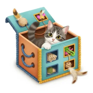 An appealing illustration of a well-designed cat in a box cat toy, featuring various textures and hidden compartments to stimulate curiosity.