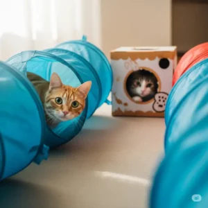 A playful cat emerging from a connected tunnel leading to a cat in a box toy, suggesting adventure and exploration.
