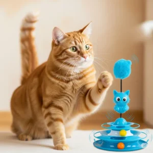 A happy orange cat batting at an interactive cat wobbler toy, engaging in playful solo activity.