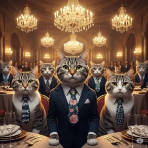 Group of well-dressed cats attending a formal event, each wearing a unique and stylish cat necktie.