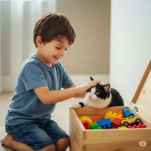  A happy child gently playing with a cat near an open toybox, sharing playtime.