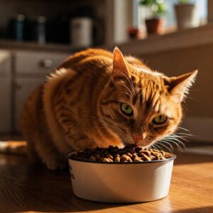 Close-up of a cat eating Wellness dry cat food from a white bowl.