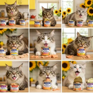 A grid of nine images showing various cats of different breeds and colors enthusiastically tasting different flavors of canned cat food. Each cat is positioned with an open can in front of them, showcasing a variety of cat food products.
