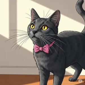 Illustration of a curious cat with a subtle, glittery cat bow tie, adding a touch of sparkle to their charm.