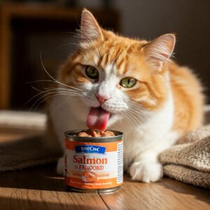 Cute American cat with a canned Nature Cat Food treat