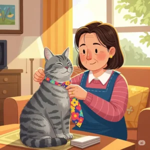 Illustration depicting a person gently putting a decorative necktie on a calm house cat.