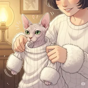 Whimsical illustration of a Sphynx cat being gently helped into a warm sweater by an owner, emphasizing ease of dressing.