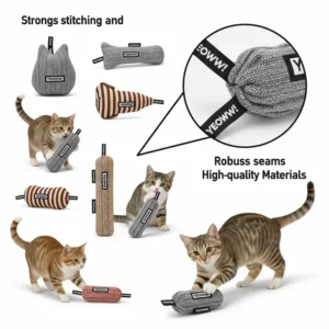 An illustration highlighting the strong stitching and robust materials used in Yeowww! cat toys, emphasizing their durability for endless play sessions.