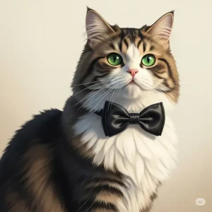 Illustration of an elegant feline sporting a classic black satin cat bow tie, ideal for formal pet apparel.