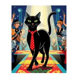 Illustration of a fashionable cat confidently posing on a runway, showcasing a fancy necktie.