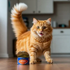 A fluffy orange and white cat standing on a wooden floor with its tail raised, looking at an open blue and orange can of salmon cat food. The background shows a bright kitchen.